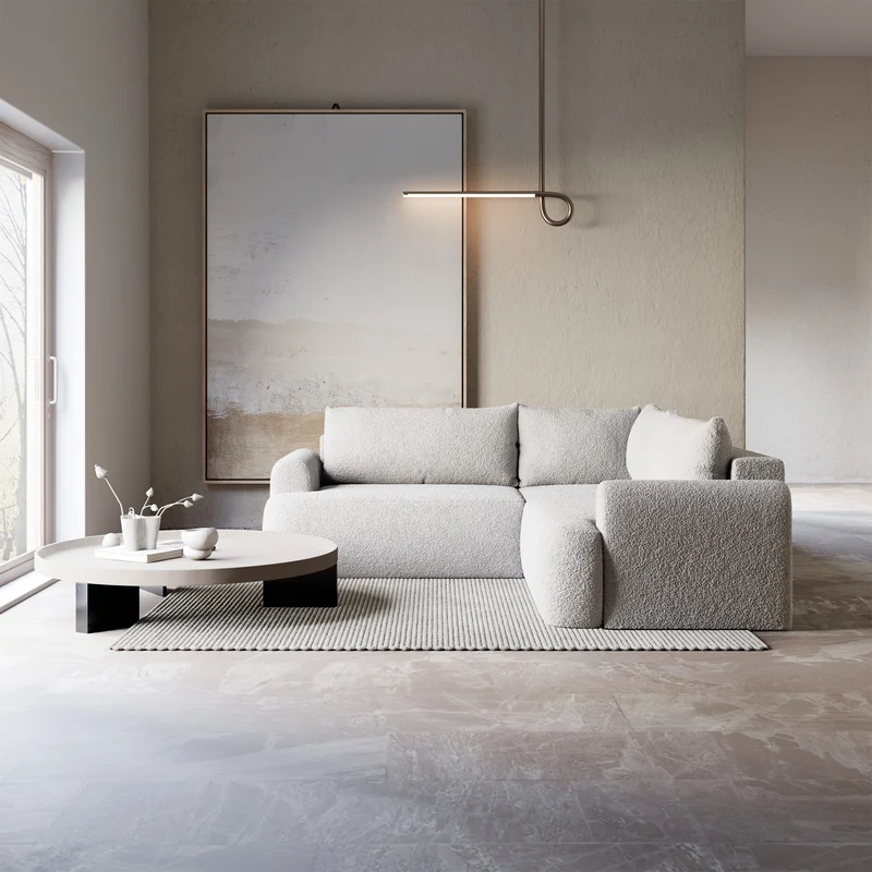 Ecksofa mit Schlaffunktion, universal L-förmig, hellgrauer Bouclé-Stoff, Modell Ovo