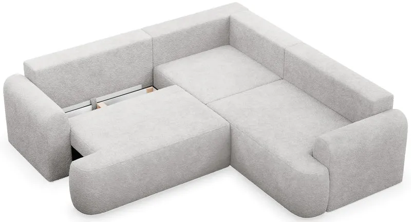 Ecksofa mit Schlaffunktion, universal L-förmig, hellgrauer Bouclé-Stoff, Modell Ovo