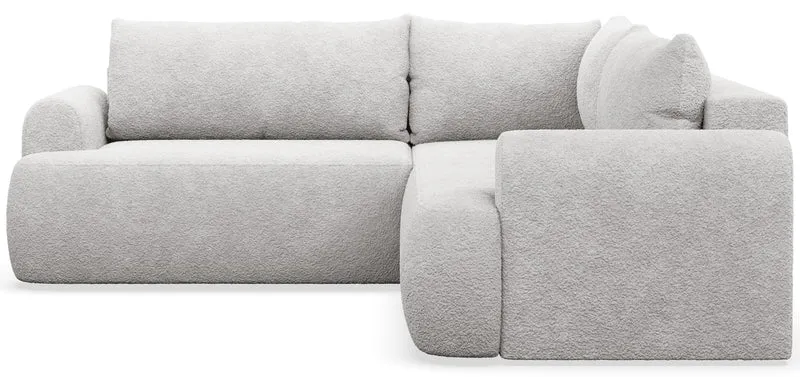 Ecksofa mit Schlaffunktion, universal L-förmig, hellgrauer Bouclé-Stoff, Modell Ovo