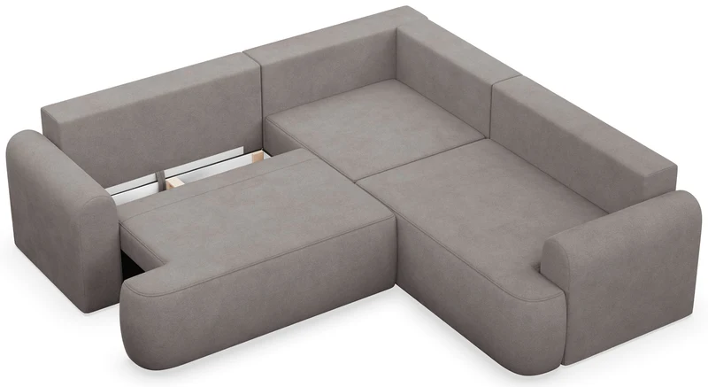 Ecksofa mit Schlaffunktion, Ovo, L-förmig, universell, grau-brauner Velours, leicht zu reinigen