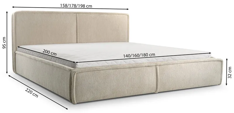 Polsterbett 180x200 cm Cordo mit Stauraum, Holzlattenrost, hellbeige Cordstoff