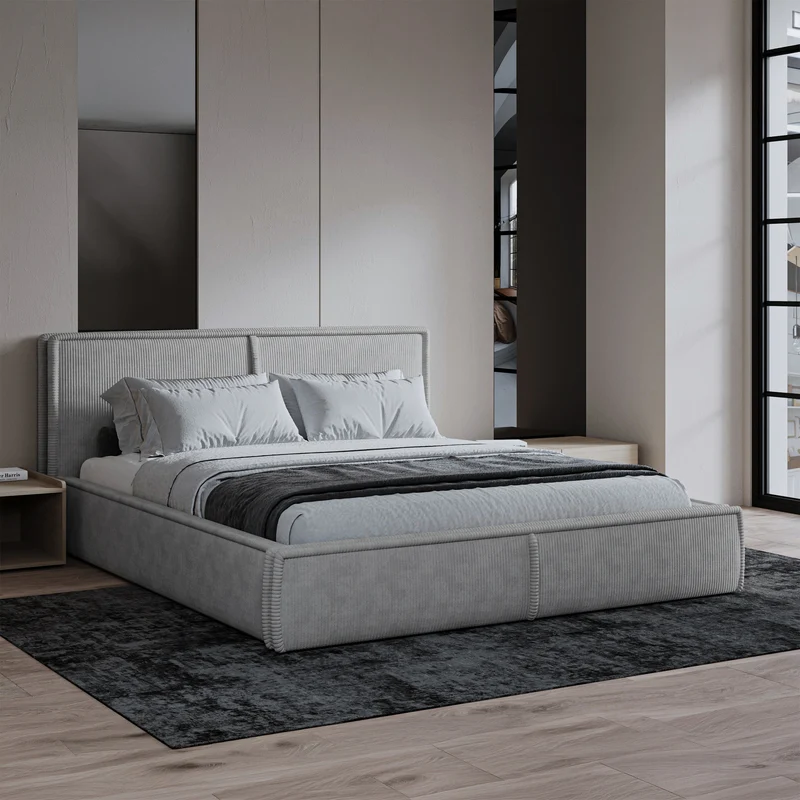 Gepolstertes Bett 160x200 cm Cordo mit Stauraum, Holzlattenrost, hellgrauer Cordstoff