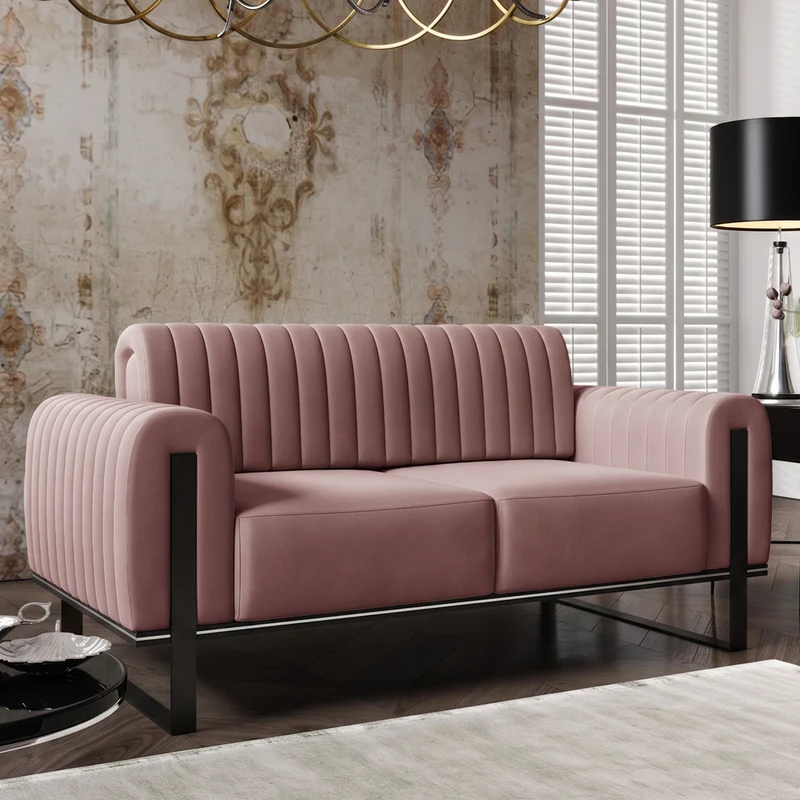 Zweisitziges Sofa Parissa, rosa Samt, schwarze Beine
