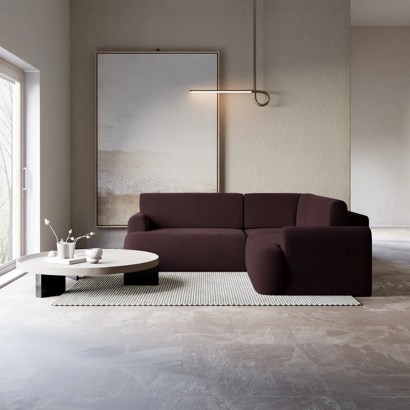 Ecksofa mit Schlaffunktion, Kaveo, L-förmig, universell, pflaumenfarbener Chenille-Stoff