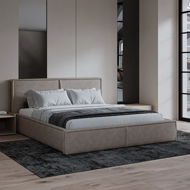 Gepolstertes Bett 160x200 cm Cordo mit Stauraum, Holzlattenrost, beige Cordstoff