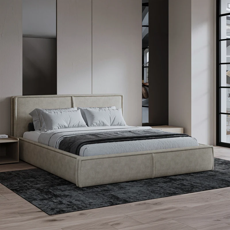 Polsterbett 180x200 cm Cordo mit Stauraum, Holzlattenrost, hellbeige Cordstoff