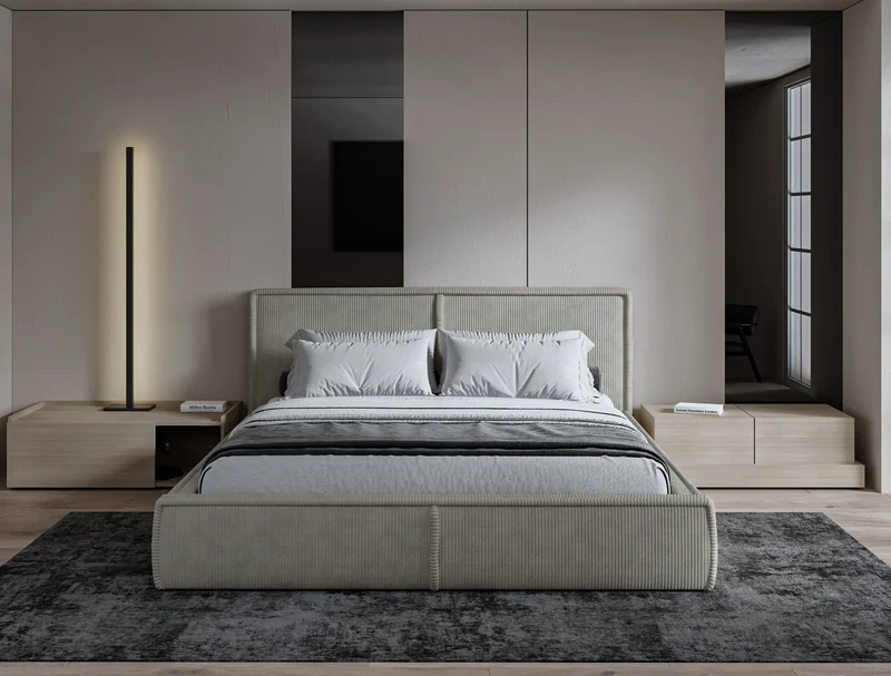 Polsterbett 180x200 cm Cordo mit Stauraum, Holzlattenrost, hellbeige Cordstoff