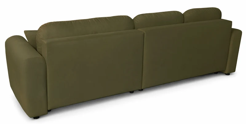 Großes L-förmiges Ecksofa Olido mit Schlaffunktion, universell, mit Stauraum, olivgrüner hydrophober Samtbezug
