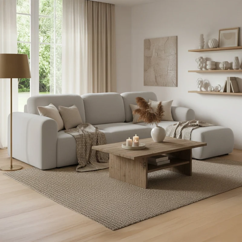 Ecksofa mit Schlaffunktion Olido, universell L-förmig, mit Stauraum, grau-beiges hydrophobes Samtgewebe