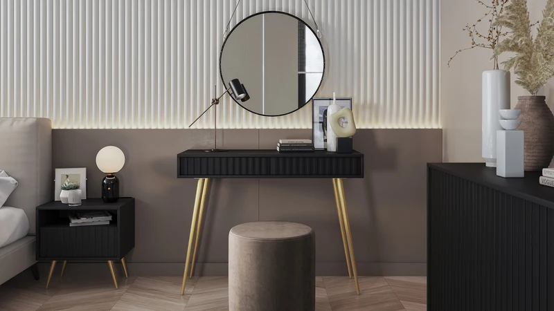 Schminktisch Bello 104 cm schwarz mit goldenen Beinen