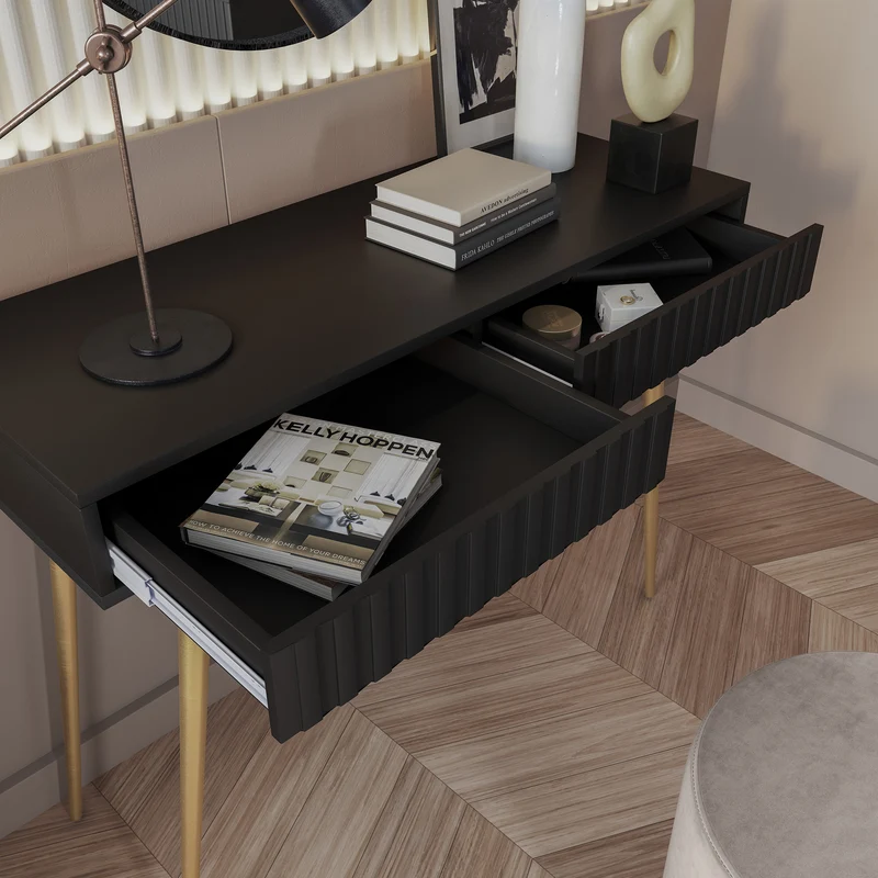 Schminktisch Bello 104 cm schwarz mit goldenen Beinen