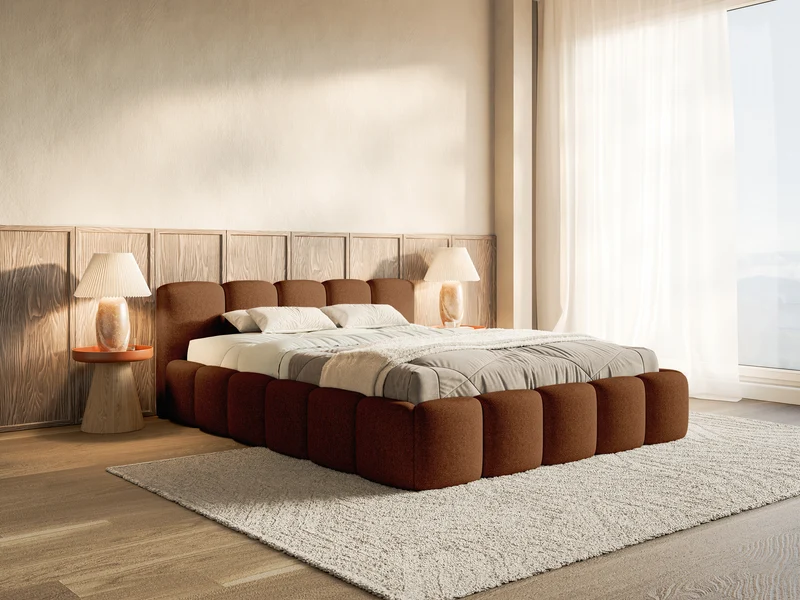 Polsterbett 180x200 cm Cloudy Low mit Stauraum, kupferfarbenes Chenille, hydrophob, Metallrahmen