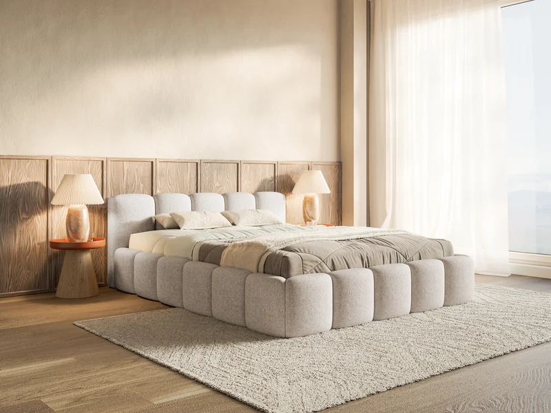 Polsterbett 200x200 cm Cloudy Low hellbeige Chenille, wasserabweisend, Holzrahmen