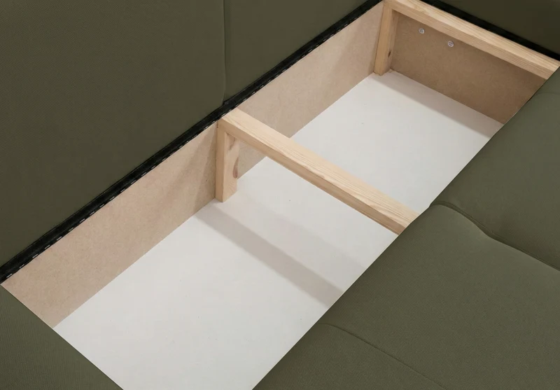Ecksofa mit Schlafunktion Olido, L-förmig, universell, mit Stauraum, olivgrüner hydrophober Samt