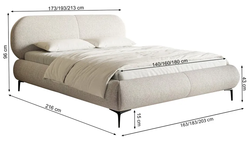 Gepolstertes Bett 140x200 cm Ovalle, grau-beige, wasserabweisendes Geflecht, goldene Beine