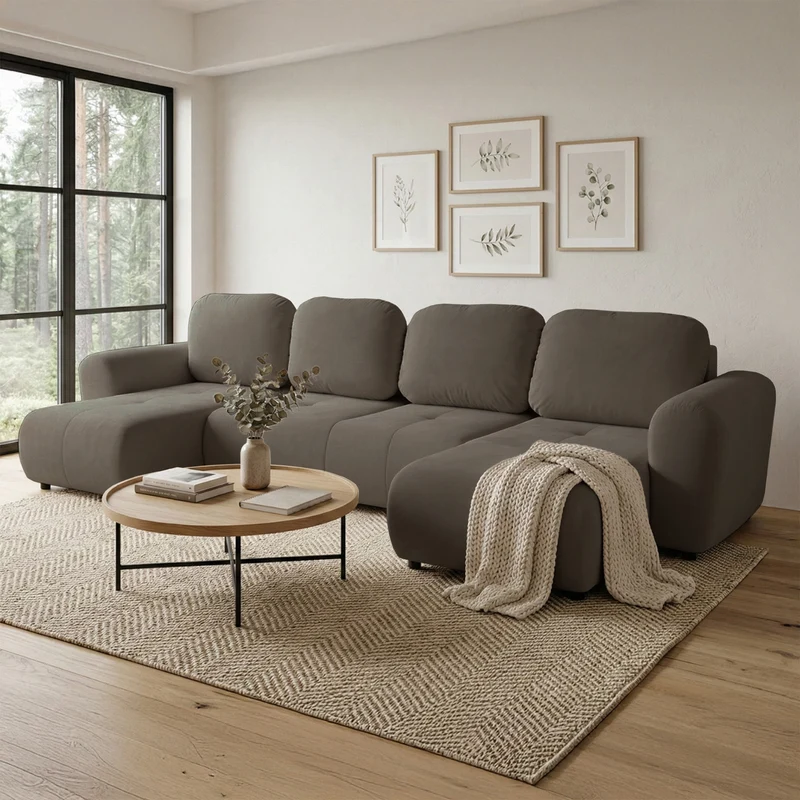 Ecksofa mit Schlaffunktion Olido, U-förmig, universell, mit Stauraum, dunkelbeige, wasserabweisender Samtstoff