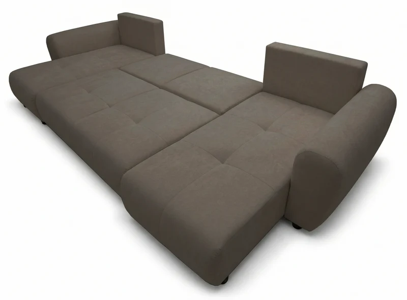 Ecksofa mit Schlaffunktion Olido, U-förmig, universell, mit Stauraum, dunkelbeige, wasserabweisender Samtstoff