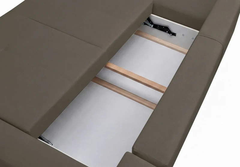 Ecksofa mit Schlaffunktion Olido, U-förmig, universell, mit Stauraum, dunkelbeige, wasserabweisender Samtstoff