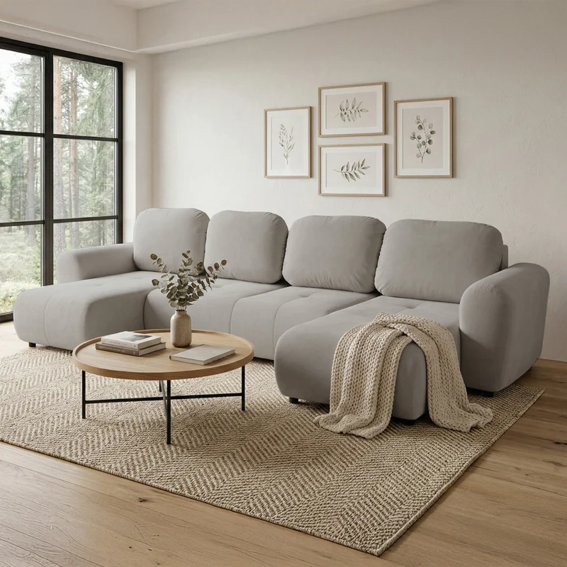 Ecksofa mit Schlaffunktion Olido U-förmig universell mit Stauraum, grau-beiger wasserabweisender Samt