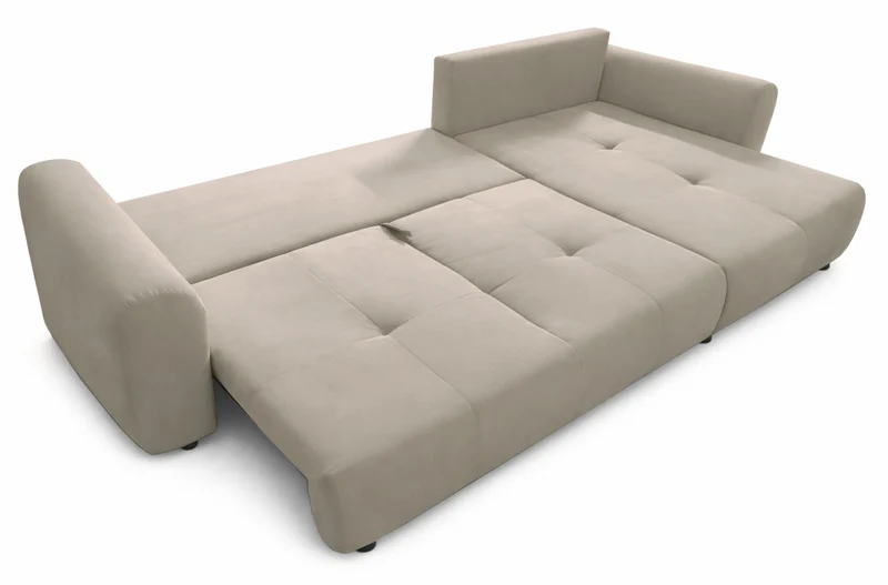 Große, universelle L-förmige Eckcouch Olido mit Schlaffunktion, Stauraum, beige, hydrophober Samtstoff