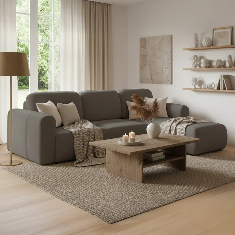 Ecksofa mit Schlaffunktion Olido, L-förmig, universell, mit Stauraum, dunkelbeige, hydrophobes Samtgewebe