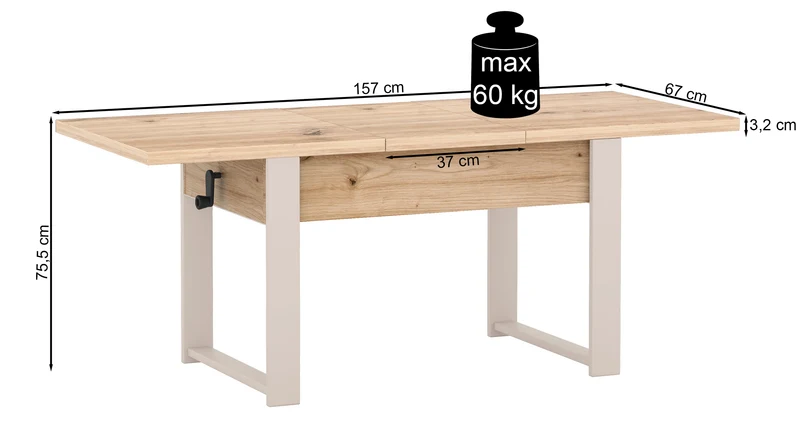 Ausziehbarer Couchtisch Hugo 120(157)x67 cm grau diamantmuster mit schwarzen Beinen