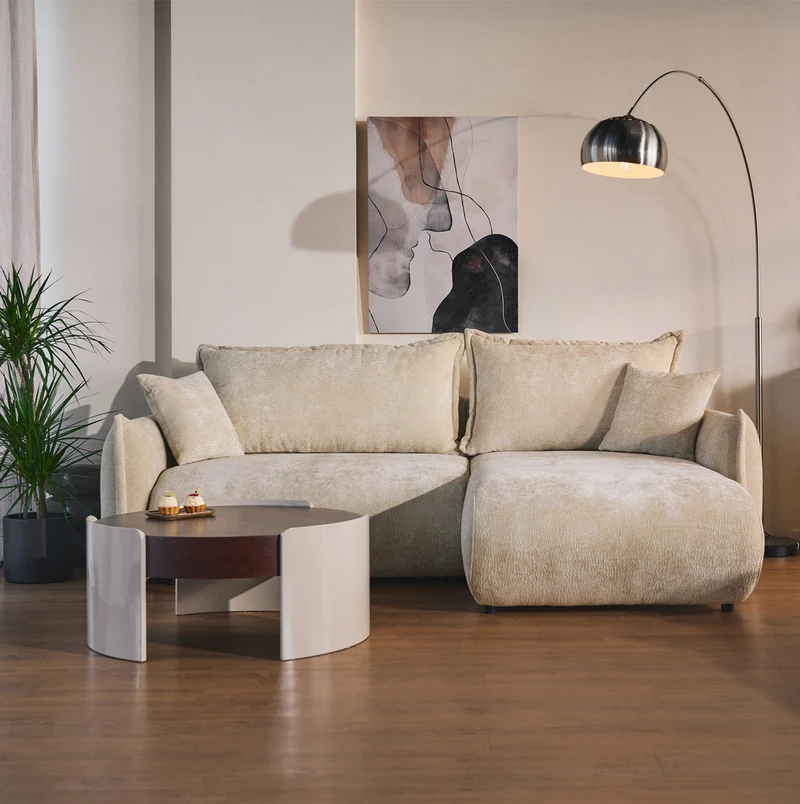 Ecksofa mit Schlaffunktion Cushi, L-förmig, rechtsseitig, mit Stauraum, beige Chenille