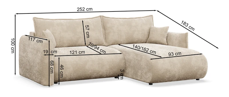 Ecksofa mit Schlaffunktion Cushi, L-förmig, rechtsseitig, mit Stauraum, beige Chenille