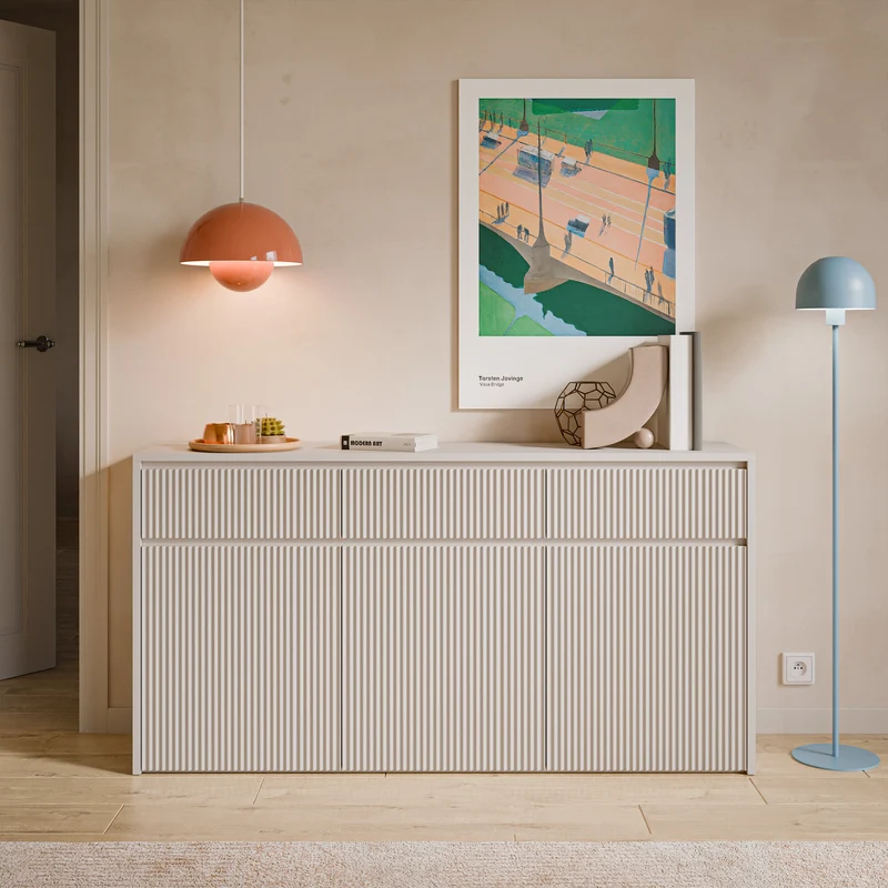 Drehtür-Kommode Vemmi mit drei Schubladen, 155 cm, mit geriffelter Kaschmir-Front
