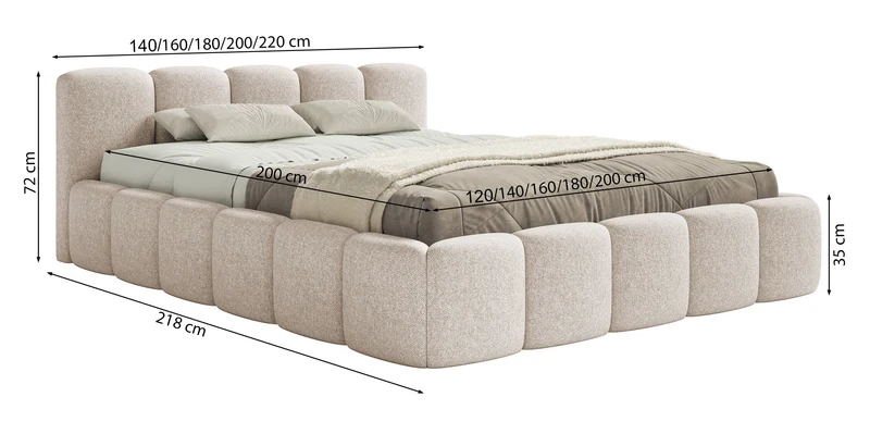 Polsterbett 120x200 cm Cloudy Low mit Stauraum, Metallrahmen, hellbeiger hydrophober Chenillestoff