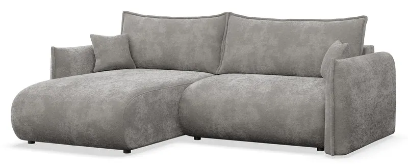 Ecksofa mit Schlaffunktion Cushi, L-förmig, linksseitig, mit Stauraum, grauer Chenille-Bezug