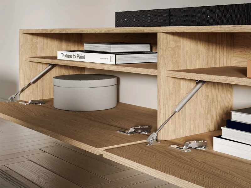 Hängender TV-Schrank Heggers mit zwei Klappen und Nischen, 180 cm, Eiche Mavelie