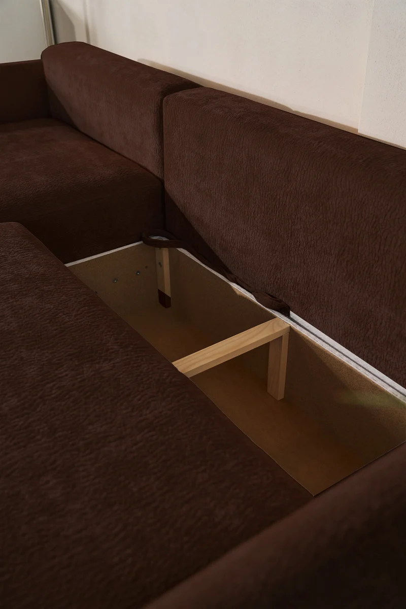 Ecksofa mit Schlaffunktion Cushi, L-förmig, linksseitig, mit Stauraum, brauner Chenille-Bezug