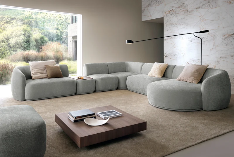 Modulares rechteckiges Hocker mit Tischplatte Bommo in grauem Chenille