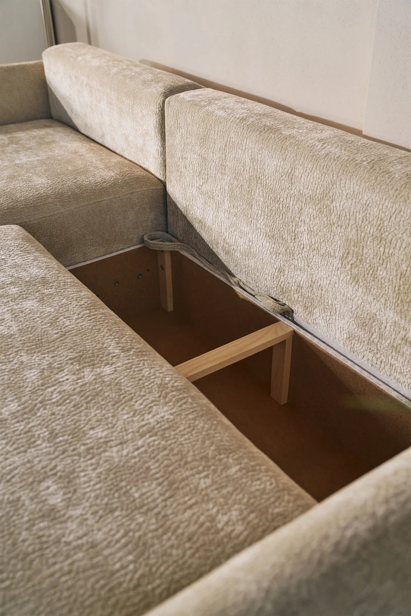 Ecksofa mit Schlaffunktion Cushi, L-förmig, linksseitig, mit Stauraum, beige Chenille