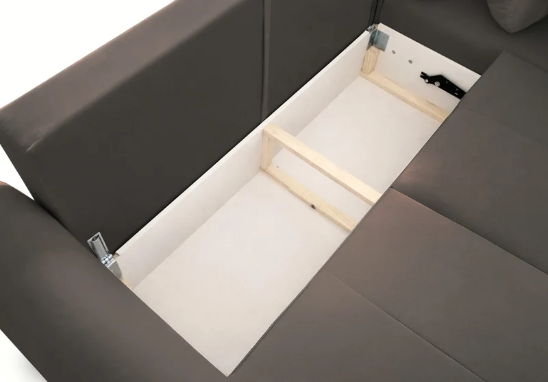 Große L-förmige Eckcouch Olido mit Schlaffunktion, universell einsetzbar, mit Stauraum, dunkelbeige, hydrophober Veloursstoff