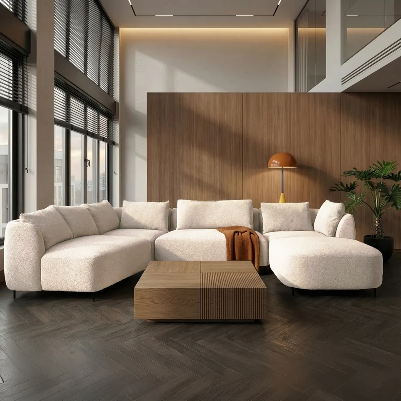 Modulares Lanomi Ecksofa U-förmig, linksseitig, cremefarbenes Bouclé