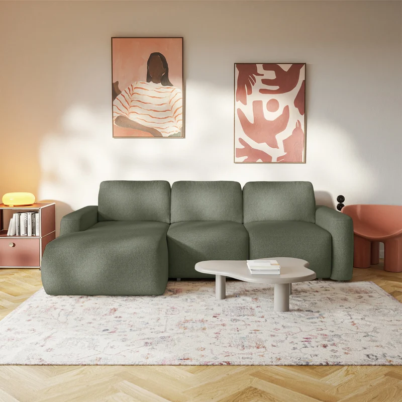 Ecksofa mit Schlaffunktion Carnos Mini, L-förmig, linksseitig, olivgrüner Chenille, leicht zu reinigen