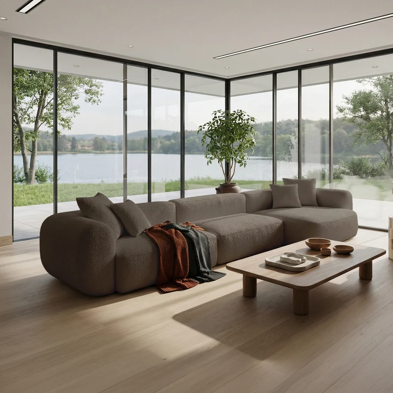 Modulares Ecksofa Baomi, großes L-förmiges, rechtsseitiges Modell mit Hocker, hellbraunes Chenille