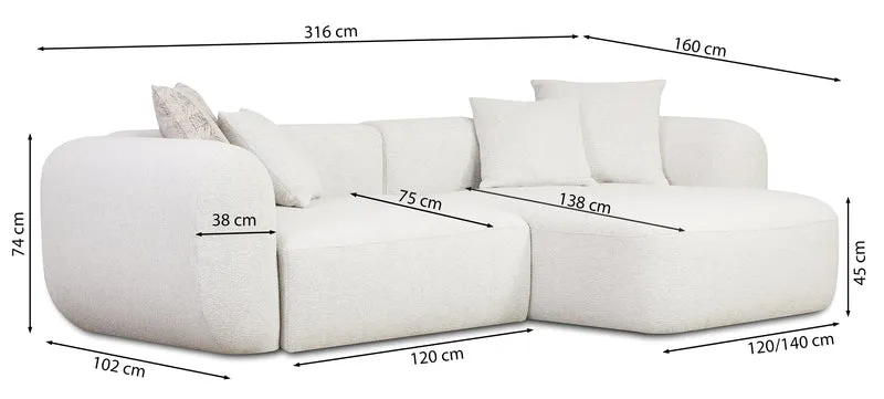 Modulares Baomi Ecksofa in L-Form mit Pouf, rechtsseitig, grau-beige Chenille