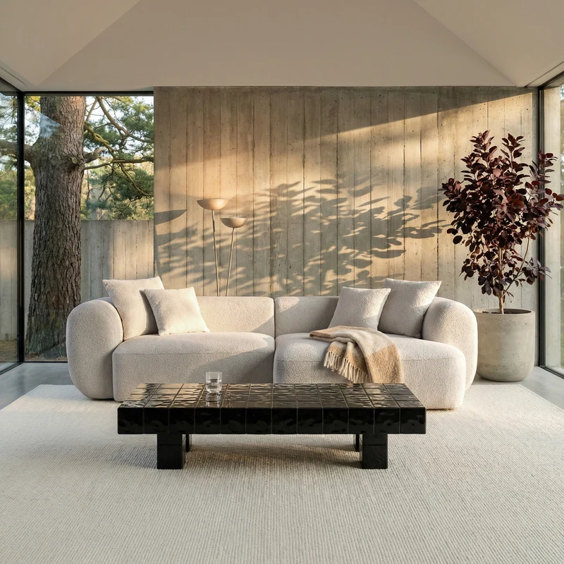 Modulares Ecksofa Baomi L-förmig mit Hocker, rechtsseitig, hellbeige Chenille