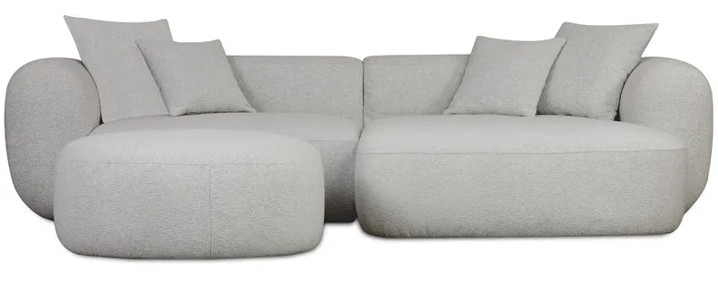 Modulare Baomi Eckcouch in L-Form mit Hocker, rechtsseitig, hellgrauer Chenille-Stoff