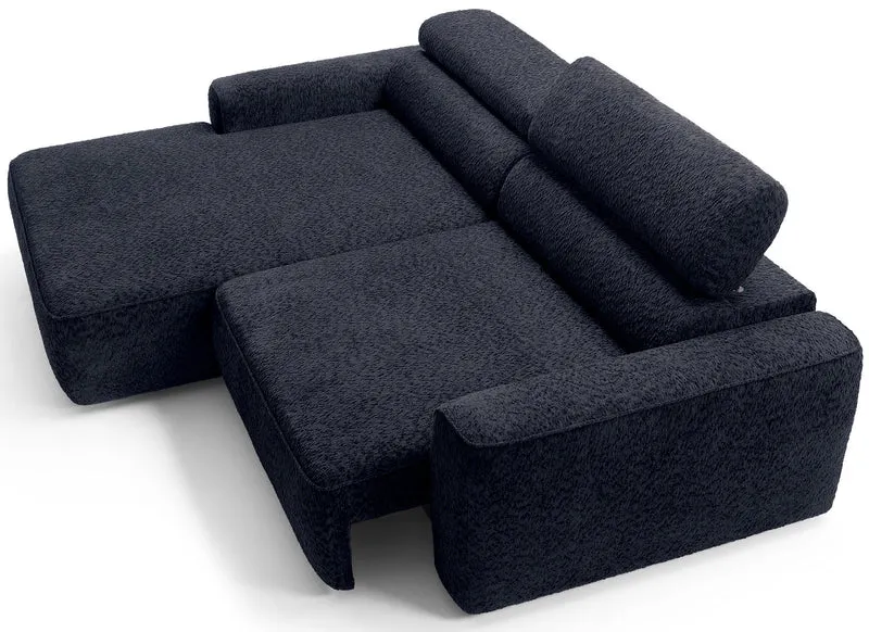 Ecksofa Fando mit elektrisch ausziehbarem Sitz, L-förmig, linksseitig, marineblauer Chenille-Stoff