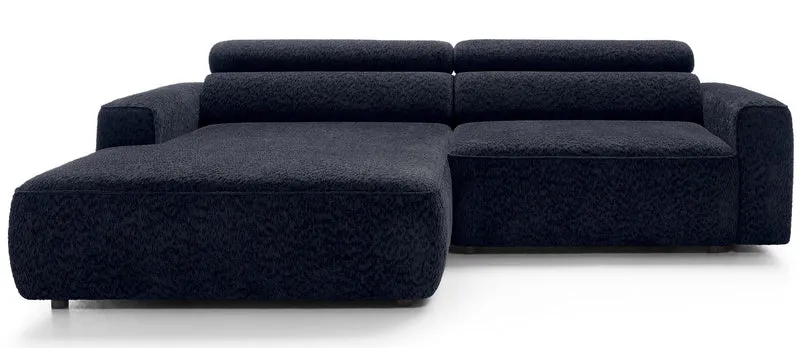 Ecksofa Fando mit elektrisch ausziehbarem Sitz, L-förmig, linksseitig, marineblauer Chenille-Stoff