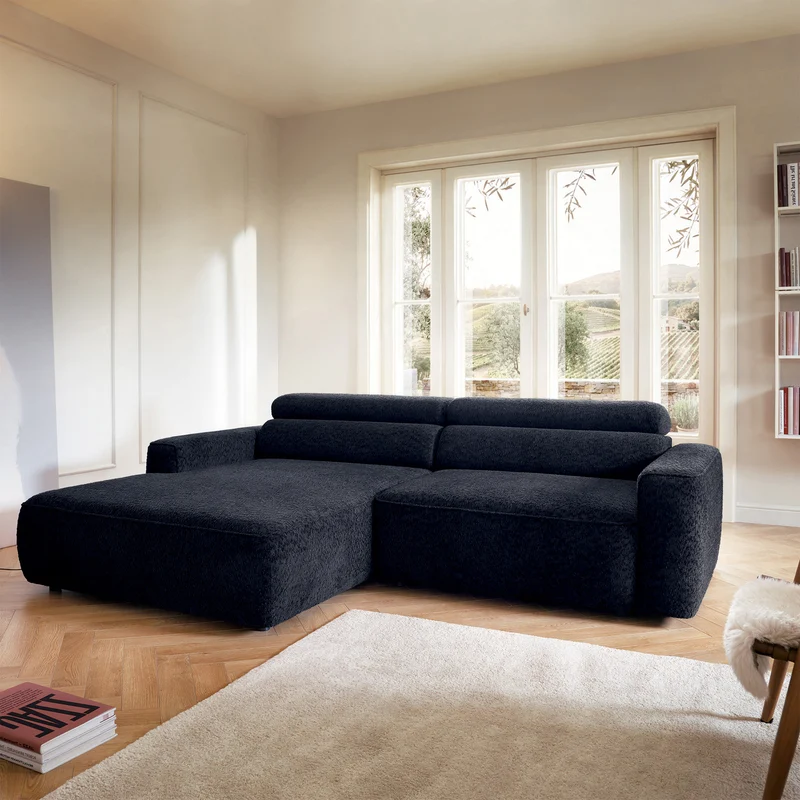 Ecksofa Fando mit elektrisch ausziehbarem Sitz, L-förmig, linksseitig, marineblauer Chenille-Stoff