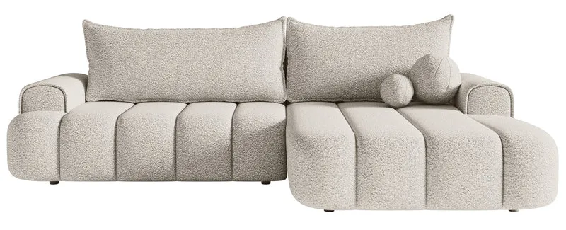 Ecksofa mit Schlaffunktion Dandelino, L-Form, rechtsseitig, mit Stauraum, cremefarbenes Bouclé