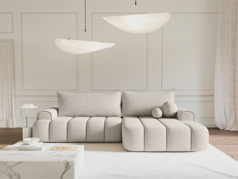 Ecksofa mit Schlaffunktion Dandelino, L-Form, rechtsseitig, mit Stauraum, cremefarbenes Bouclé