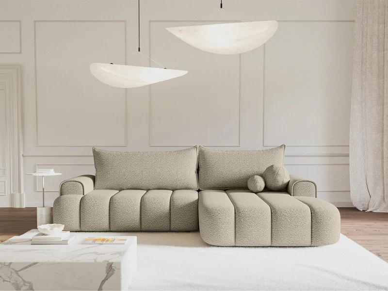 Ecksofa mit Schlaffunktion Dandelino, L-förmig, rechtsseitig, mit Stauraum, hellbeige Bouclé