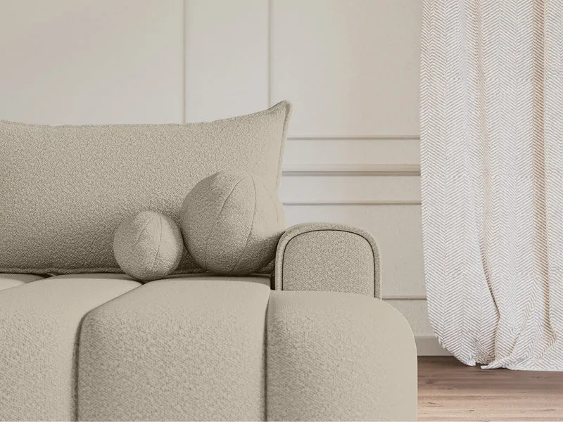 Ecksofa mit Schlaffunktion Dandelino, L-förmig, rechtsseitig, mit Stauraum, hellbeige Bouclé