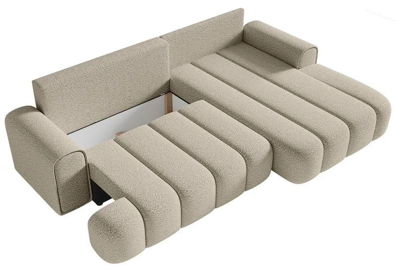 Ecksofa mit Schlaffunktion Dandelino, L-förmig, rechtsseitig, mit Stauraum, hellbeige Bouclé